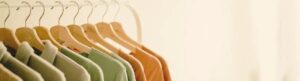 Varias camisetas colgadas en perchas de madera y perfectamente ordenadas por colores en tonos tierra.