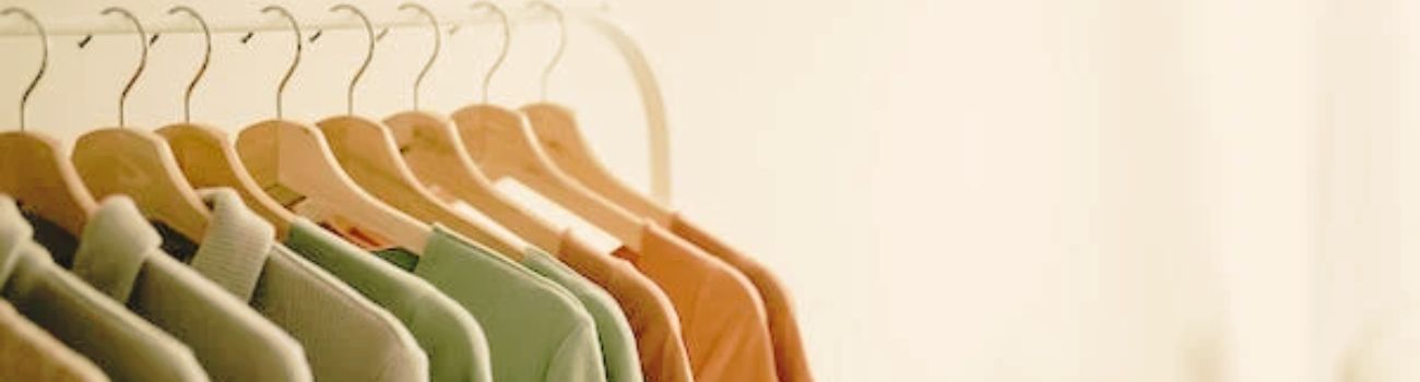 Varias camisetas colgadas en perchas de madera y perfectamente ordenadas por colores en tonos tierra.