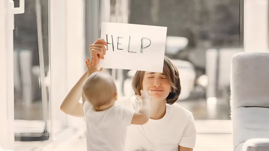 Madre sujetando un papel con la palabra HELP mientras su bebé la demanda.