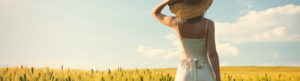 Mujer rubia con sombrero en un campo de trigo al atardecer.