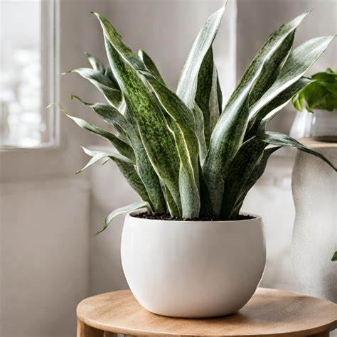 La imagen muestra una planta en maceta colocada sobre una superficie de madera, posiblemente una mesa o un taburete. La planta (Lengua de Suegra (Sansevieria trifasciata)) tiene hojas alargadas con rayas verdes y verdes claras, lo que sugiere que podría ser un tipo de Sansevieria o comúnmente conocida como planta serpiente. La maceta es blanca y redonda, en contraste con el color oscuro de la tierra y el verde vibrante de las hojas.