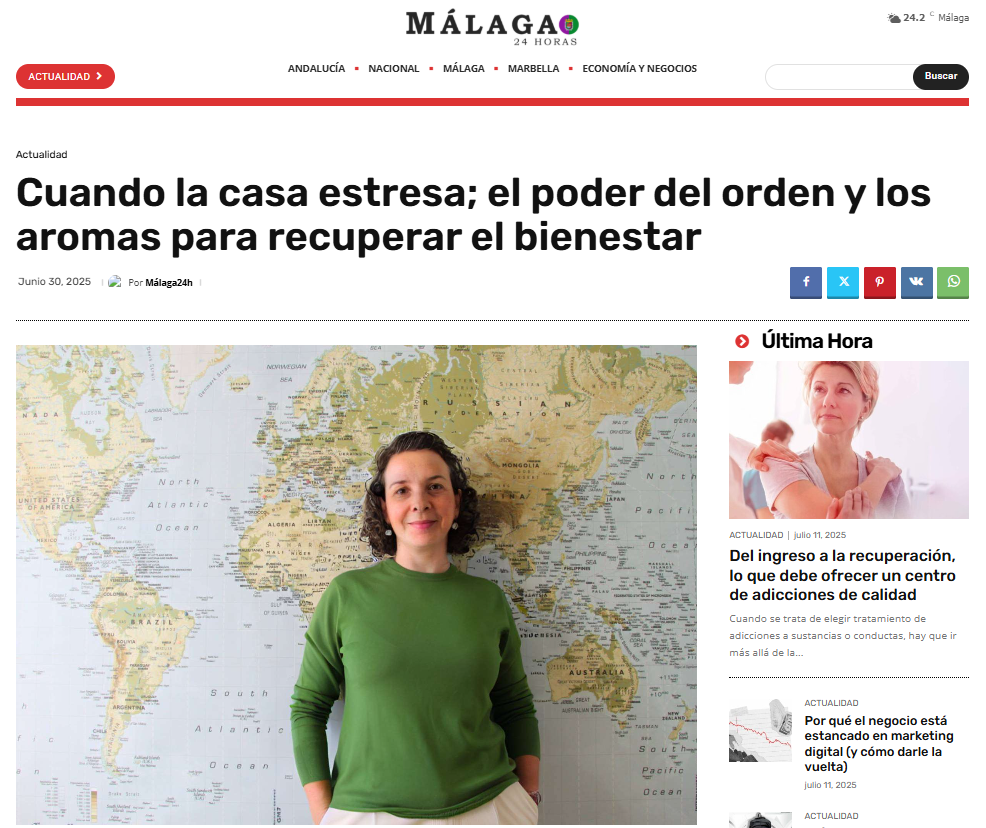 Página web Málaga 24horas con una foto de Nicole Grande y el titular de orden y aromaterapia